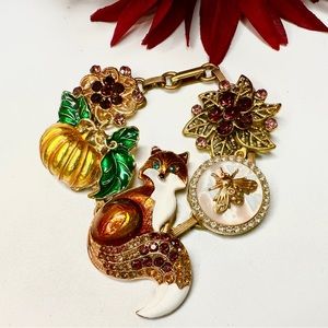 🦊NEW!🦊 Whimsical Vintage Style Fox & Pumpkin Rhinestone Up-Cycled Bracel…